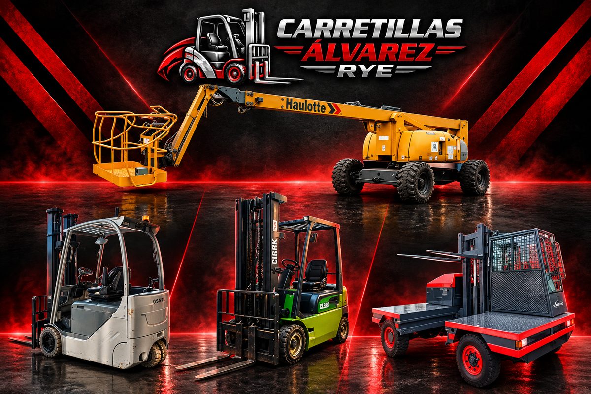 Maquinaria de ocasión de Carretillas Álvarez RYE: plataforma articulada Haulotte, carretillas eléctricas STILL y Clark y carretilla de carga lateral Linde