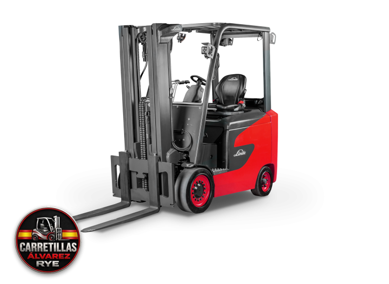 Carretilla eléctrica Linde E20 roja y gris con mástil tríplex sobre fondo negro